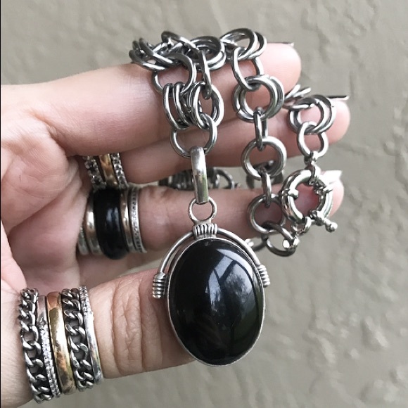 Sterling silver onyx pendant + choker steel chain - Picture 6 of 8